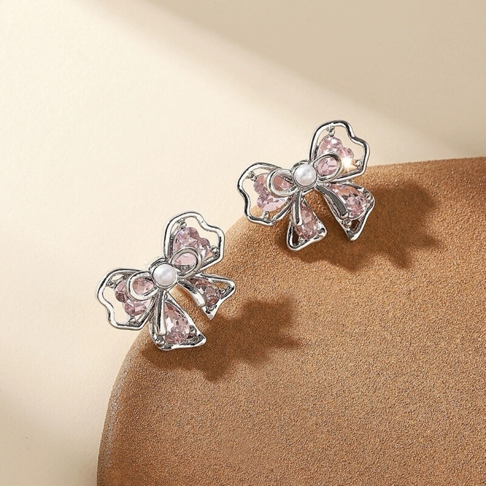 3/$20 Punk Grunge Fairy Twee Coquette Silver Pink Bow Hearts Earrings